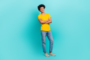 Full body length cadre of positive youngster guy confident business owner company folded hands trendy clothes isolated on aquamarine color background