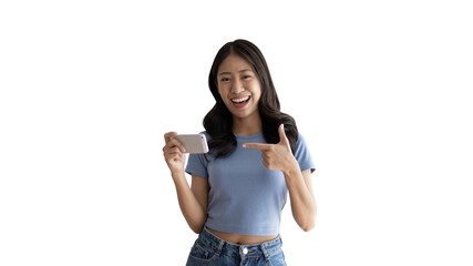 Woman pointing finger at mobile phone, Point to the mobile phone to recommend applying or registering via the smartphone system or scanning the QR code to receive news before anyone else, Click now.