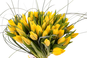 A large bouquet of yellow tulips on a white background in a green package