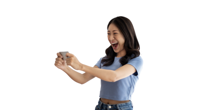 Asian woman playing games on mobile phone and wearing headphones having fun, Play games on the sofa in the living room on weekends, Resting at home, Comfort zone, Touch screen mobile phone.