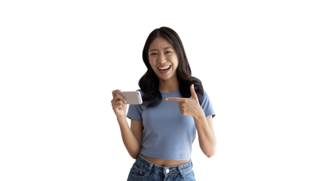 Woman pointing finger at mobile phone, Point to the mobile phone to recommend applying or registering via the smartphone system or scanning the QR code to receive news before anyone else, Click now.