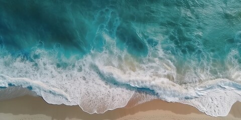 Obraz na płótnie Canvas Aerial view of clear turquoise sea clean ocean waves breaking on white sand beach with turquoise emerald coloured water. Generative AI
