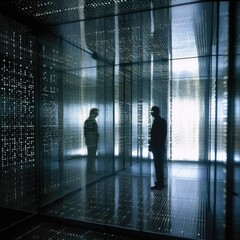 Fototapeta na wymiar silhouette of a man in a dot matrix room reflecting. generative ai.