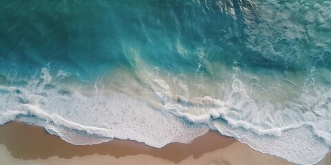 Aerial view of clear turquoise sea clean ocean waves breaking on white sand beach with turquoise emerald coloured water. Generative AI