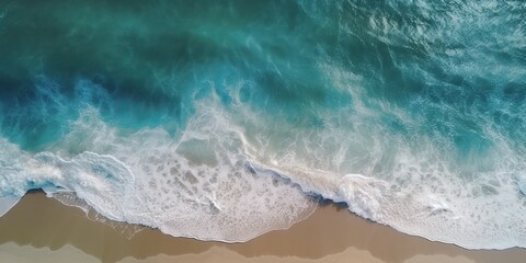 Fototapeta na wymiar Aerial view of clear turquoise sea clean ocean waves breaking on white sand beach with turquoise emerald coloured water. Generative AI