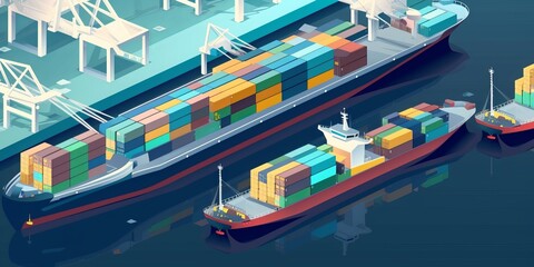 Fototapeta premium Cargo Ship with Containers Isolated in Front, Container ship loading and unloading, Cargo container in deep seaport for the international order concept. Generative AI technology