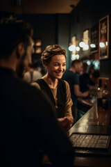 Mulher se divertindo com os amigos na noite happy hour balada barzinho bar ceveja vinho lazer IA Generativa