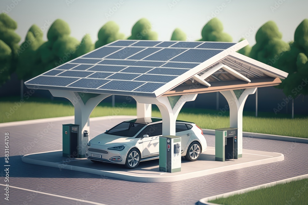 Wall mural electric car charging station with solar panels on the roof, created with generative ai