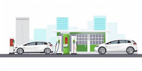 Electric vehicle charging stations for electric cars and charging stations for electric cars at the gas station. Comparing electric versus gasoline stations with Generative AI technology	
