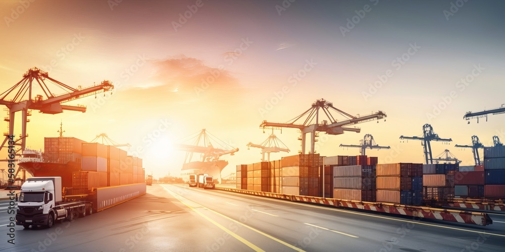 Wall mural Modern System transportation and logistic import export and transport industry of truck container cargo ship and cargo plane with working crane bridge in shipyard at sunset sky. Generative AI	
 - Wall murals