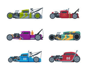 Fototapeta premium American Hot Rod Car with Large Engine and Tubes for Speed and Acceleration Vector Set