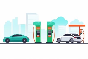 Electric vehicle charging stations for electric cars and charging stations for electric cars of gas station. Comparing electric versus gasoline station with Generative AI technology	