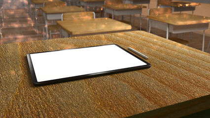 3d Tablet mockup on table psd in the room school theme education blank