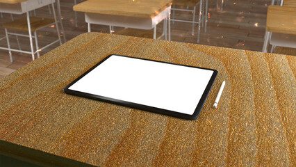 Tablet mockup on table top psd in the room school theme education blank