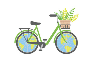 Fototapeta na wymiar Eco friendly mode of transport. Bicycle with basket of flowers, globe. Concept of healthy lifestyle. Safe cycling. Car free day. For poster, banner, background and wallpaper. Vector illustration