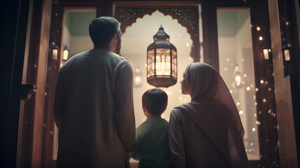 Family looking at mosque. Ramadan Kareem greeting concept. Generative Ai © Patrick