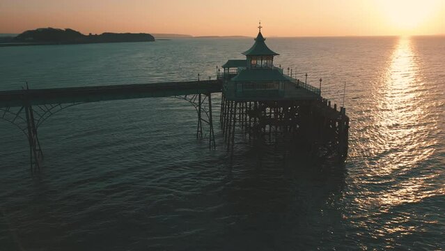 Aerial view of old Victorian ocean pier in Clevedon, Somerset, England