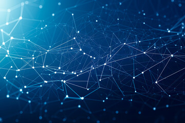 Fototapeta premium Blue network background, white dots and line connection over a blue gradient background