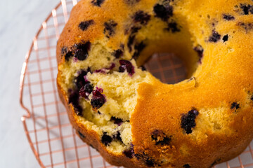Lemon blueberry bundt cake with powdered sugar dusting