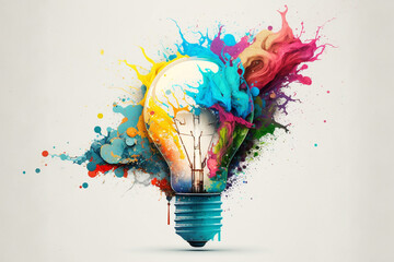 Colored creativity light bulb paint splash explosion. Colorful electricity and painting creativity concept idea. Ai generated