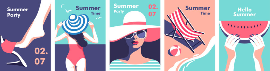 Summer time. Concept of summer party and travel. Perfect background on the theme of season vacation, weekend, beach. Vector illustration in minimalistic style for posters, cover art, flyer, banner. © faber14