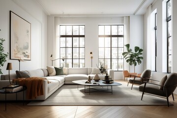 Fototapeta premium A spacious and bright living room with large windows and minimalist decor Generative AI