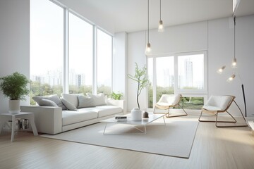 Fototapeta na wymiar A spacious and bright living room with large windows and minimalist decor Generative AI