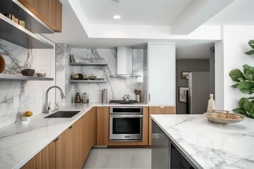 A sleek and modern kitchen with stainless steel appliances and marble countertops Generative AI