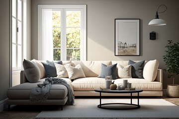 Cozy Contemporary Living Room with a Beige Cloth Couch - Furniture for Any Home Interior. Generative AI