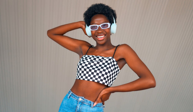 African American woman wearing headphones