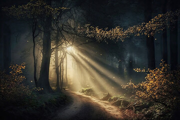 Fototapeta na wymiar Light in the dark forest with big tree.