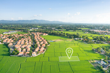 Land plot in aerial view. Identify registration symbol of vacant area for map. Real estate or property for business of home, house or residential i.e. construction, development, sale, buy, investment. © DifferR
