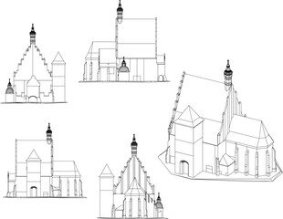 Sketch vector illustration of an ancient church with a tower
