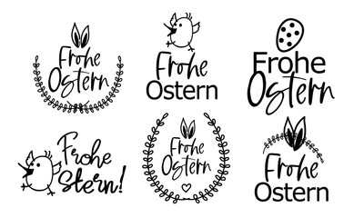 Frohe Ostern, german text Happy Easter- logo, greeting card or web banner. 