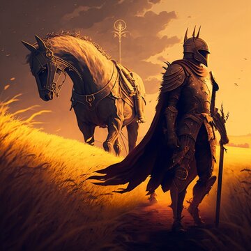 Golden Knight and His Horse Walking in the Golden Field | AI Generated