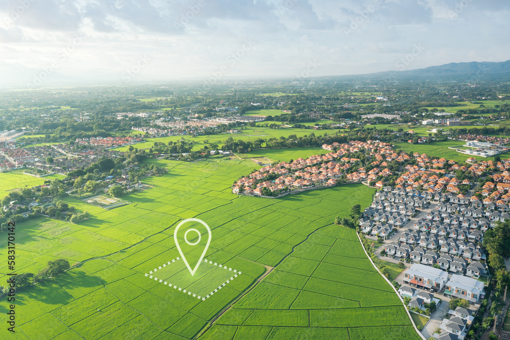 Wall mural land plot in aerial view. identify registration symbol of vacant area for map. real estate or proper