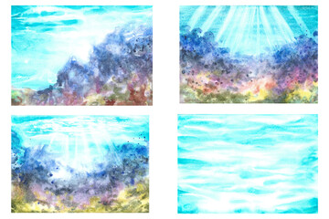 Backgrounds with underwater seascapes. Watercolor hand drawn. For background for labels, business cards and banners