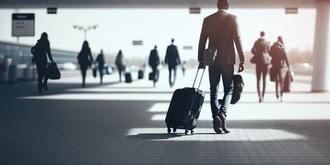 Business travel, businessman silhouette walking in the airport, generative ai