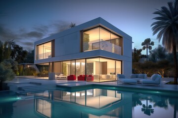 Fototapeta premium Modern luxury home with pool and garden at blue hour, generative ai