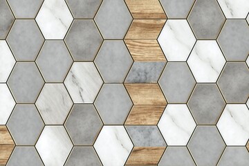 Wood and marble hexagon tiles, ideal for backgrounds, generative ai