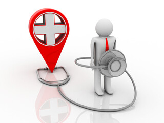 3d rendering hospital navigation with Stethoscope near doctor