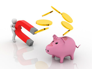 3d rendering Horseshoe magnet holding business man with piggy bank