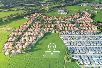 Land plot in aerial view. Gps registration survey of property, real estate for map with location,...