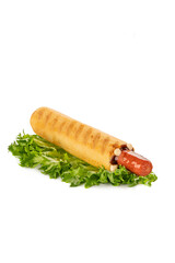 hot dog on a white isolated background. fried sausage in sauce
