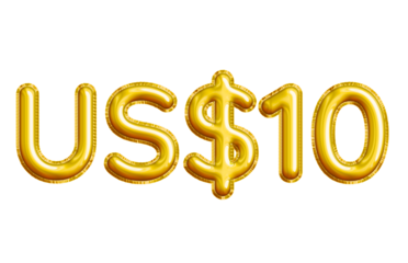US$10 or Ten Dollar 3D Gold Balloon. You can use this asset for your content like as USD Currency, Flyer Marketing, Banner, Promotion, Advertising, Discount Card, Pamphlet, Template Ads and anymore.