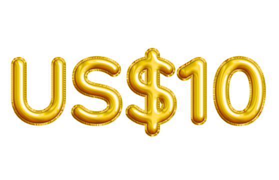 US$10 or Ten Dollar 3D Gold Balloon. You can use this asset for your content like as USD Currency, Flyer Marketing, Banner, Promotion, Advertising, Discount Card, Pamphlet, Template Ads and anymore.