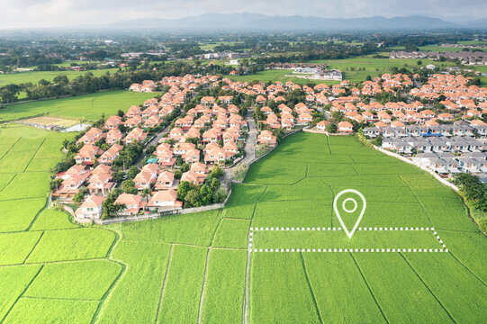 Land plot in aerial view. Gps registration survey of property, real estate for map with location, area. Concept for residential construction and development. Also home, house for sale, buy, purchase.