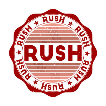 Rush badge. Grunge word round stamp with texture in Cacodemon Red color theme. Vintage style geometric rush seal with gradient stripes. Elegant vector illustration.