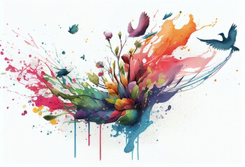 Watercolor Illustration of a Multicolored Flying Flowers Explode With Water Splashes On White Background, Concept Of Abstract Art And Dynamic Motion,. Generative AI