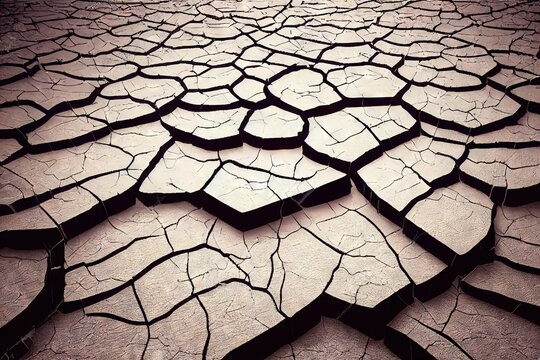 Beige cracked pieces of stone made cracked texture of wall. Long and short cracks on the damaged surface background of rough structure, created with generative ai
